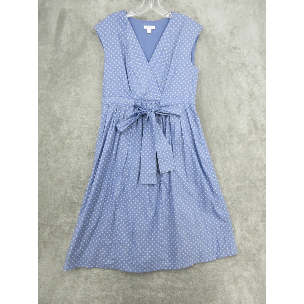 Garnet Hill Dress Womens Size 4 Blue Polka Dot Pleated Tie Retro Preppy Cotton